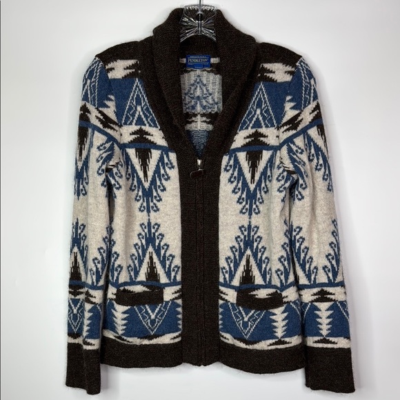 Pendleton Alpaca Wool Full Zip Sweater Size Small Petite Blue White - Picture 1 of 9